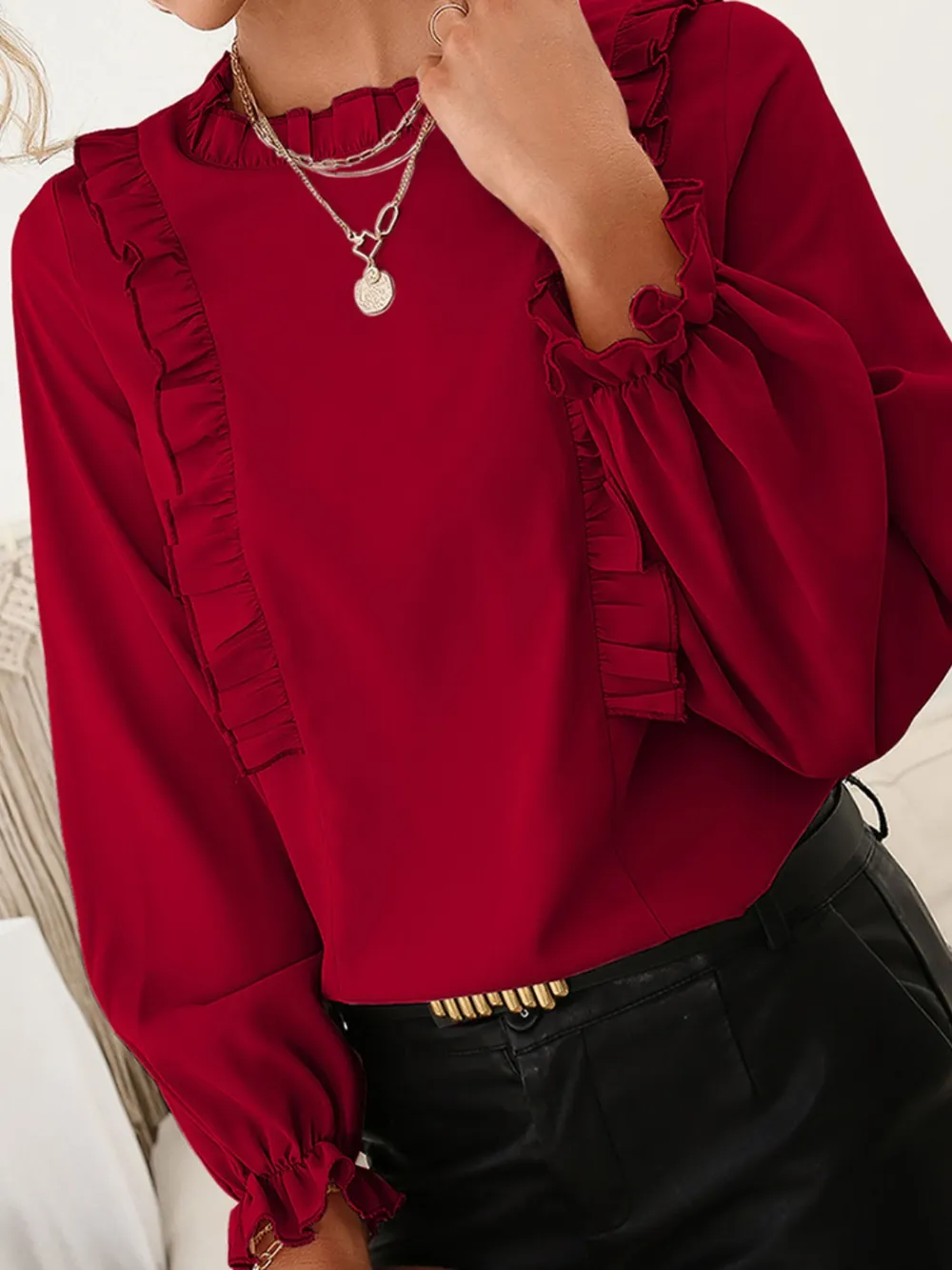 Frill Round Neck Flounce Sleeve Blouse, image 6
