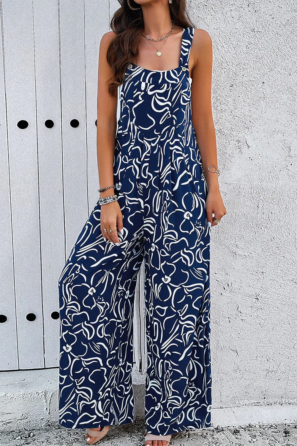 Printed Wide Strap Jumpsuit with Pockets, image 3