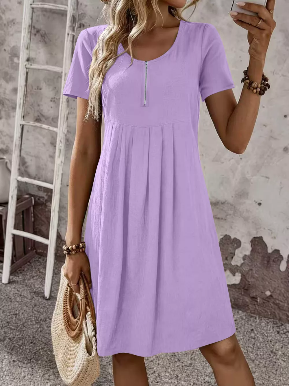 Zipper-Front Short Sleeve A-Line Dress, image 22