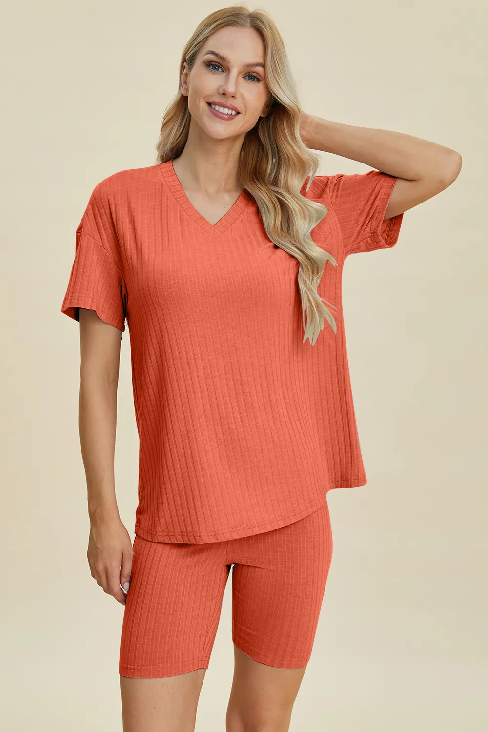 Full Size Ribbed V-Neck Short Sleeve Top and Shorts Set, image 22