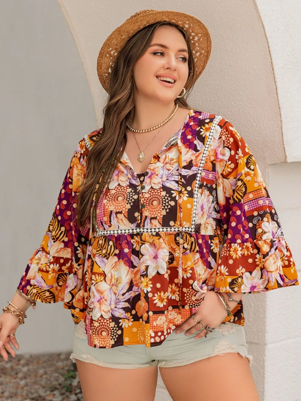 Plus Size Printed Tie Neck Blouse, image 3