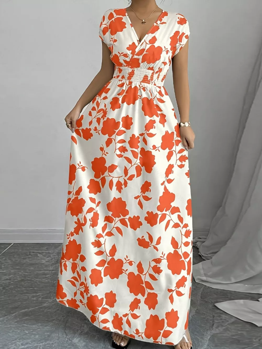 Printed Surplice Cap Sleeve Maxi Dress, image 8