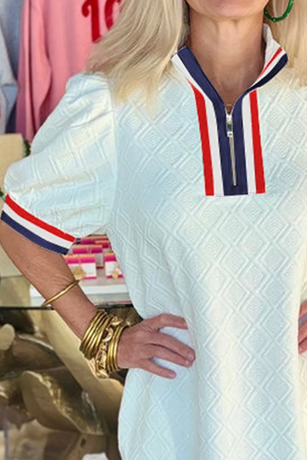 Striped Collared Zip Up Textured Dress, image 8