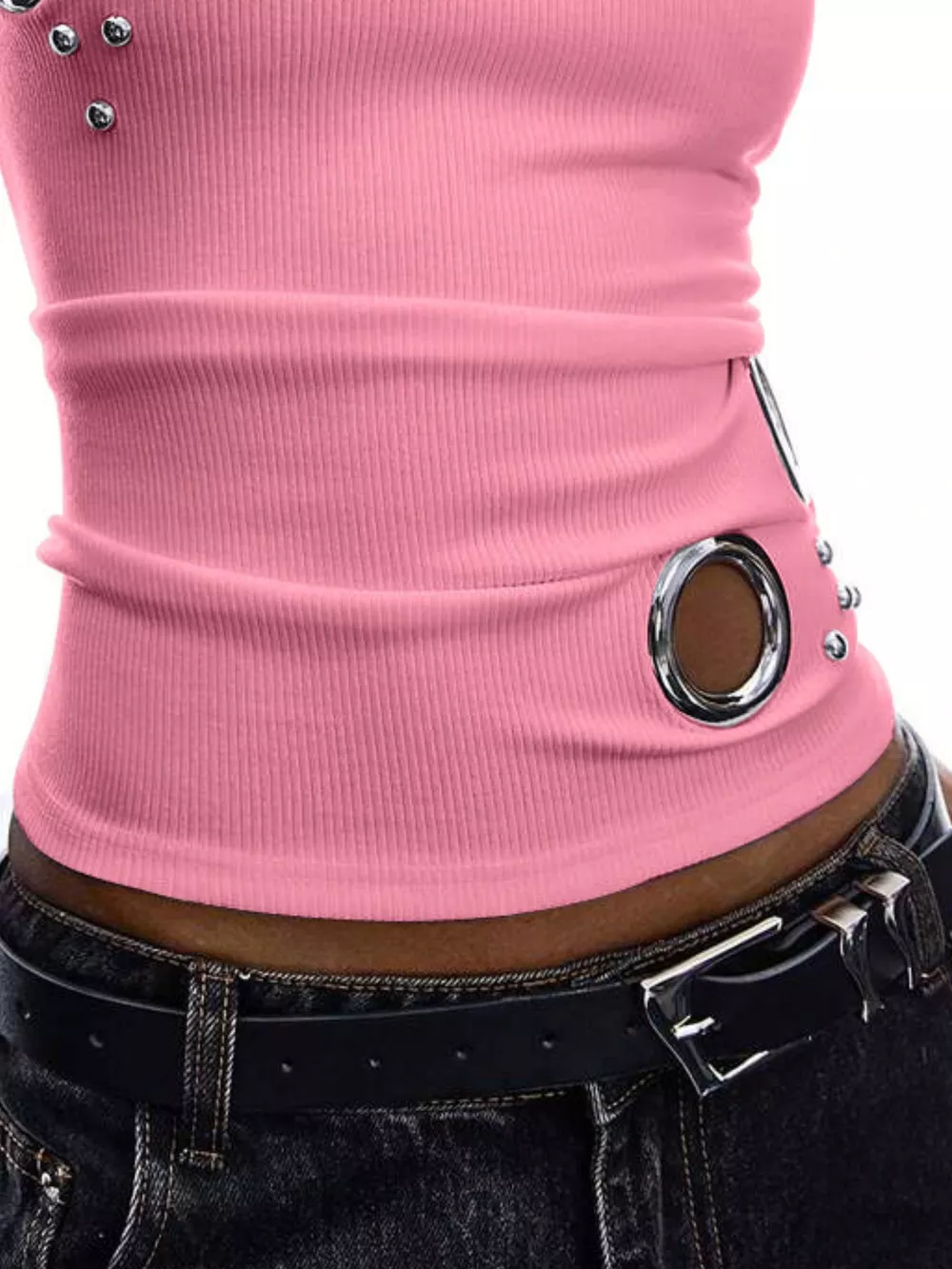 Ribbed Tank Top with Metal Grommet Cutouts and Stud Embellishments, image 18
