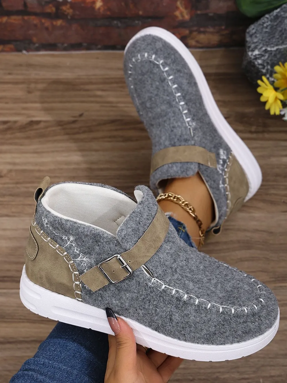 Contrast Round Toe Buckle Sneakers, image 10