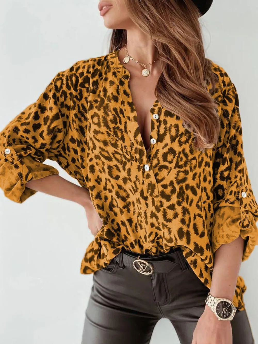 Full Size Leopard Print Roll-Tab Sleeves Blouse Plus Size, image 5