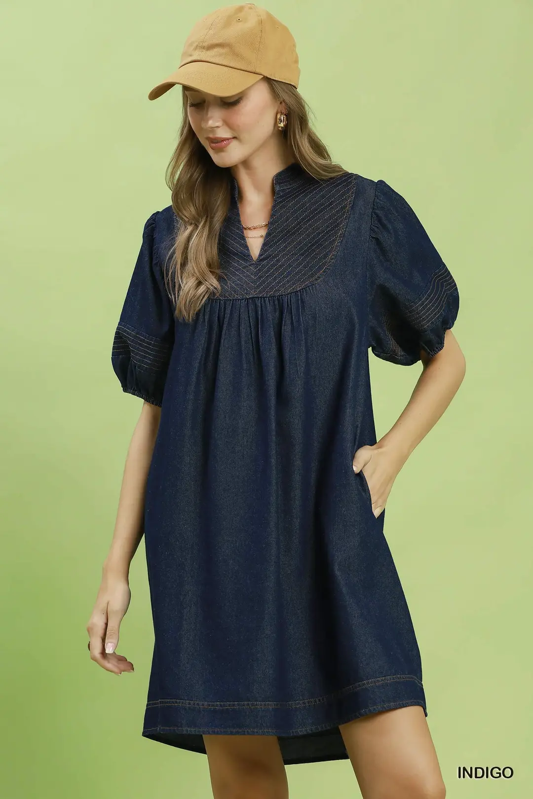 Notched Puff Sleeve Mini Dress with Pockets