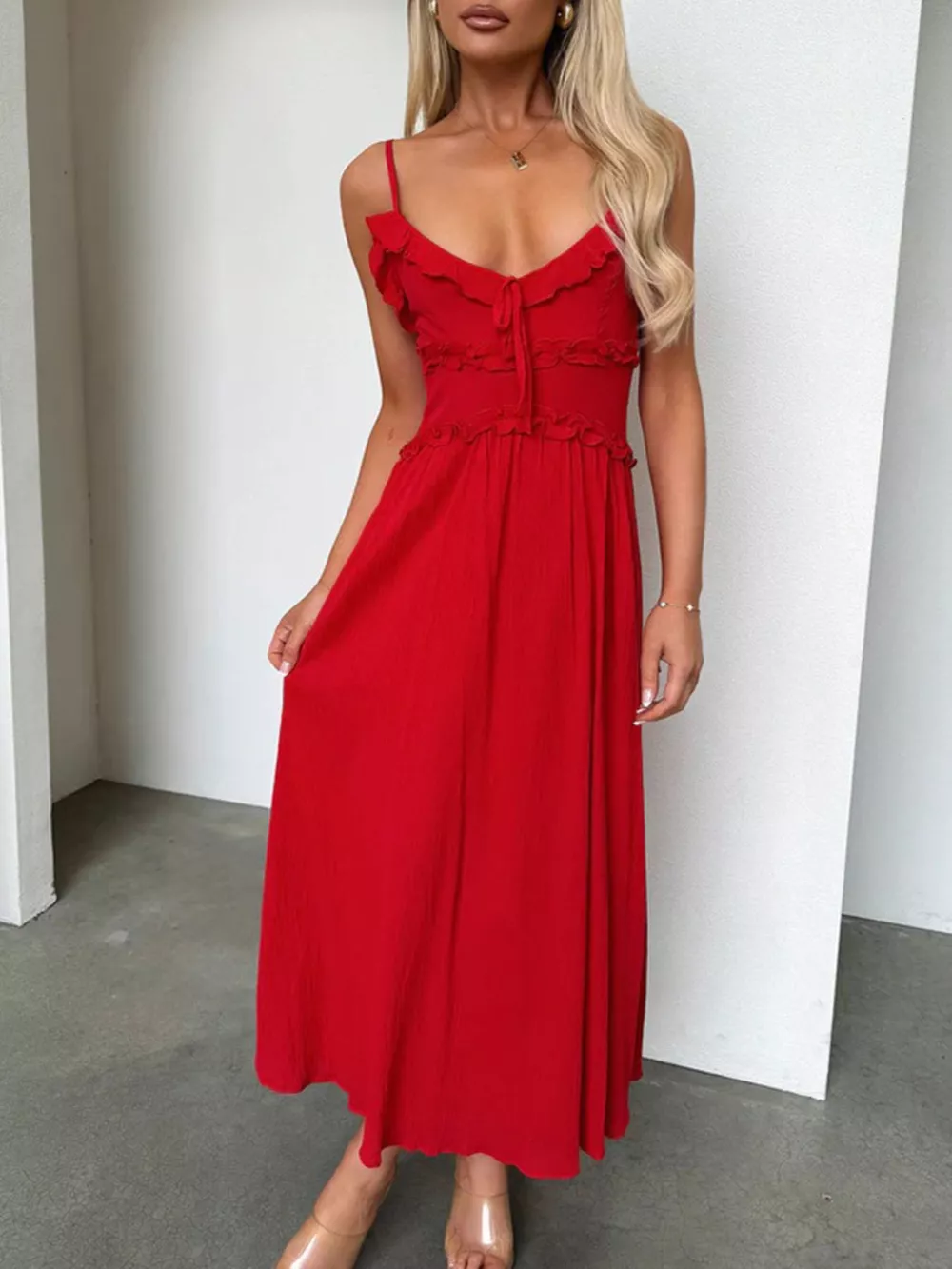 Ruffled Trimmed Spaghetti Strap Midi Dress, image 6
