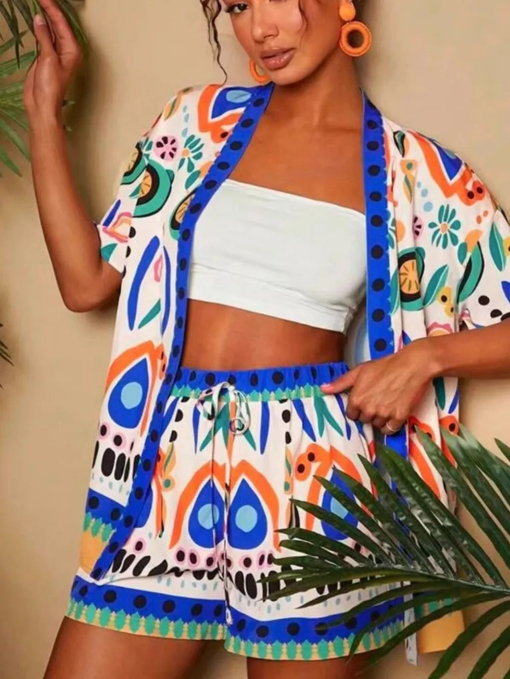 Printed Open Front Cardigan and Shorts Set, image 3