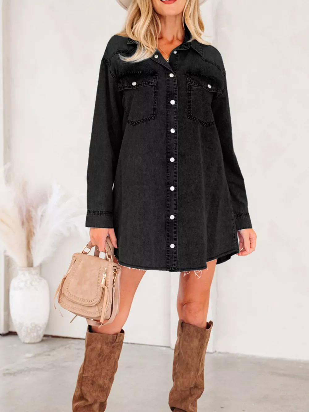 Chest Pocket Raw Hem Denim Loose Shirt Dress, image 5