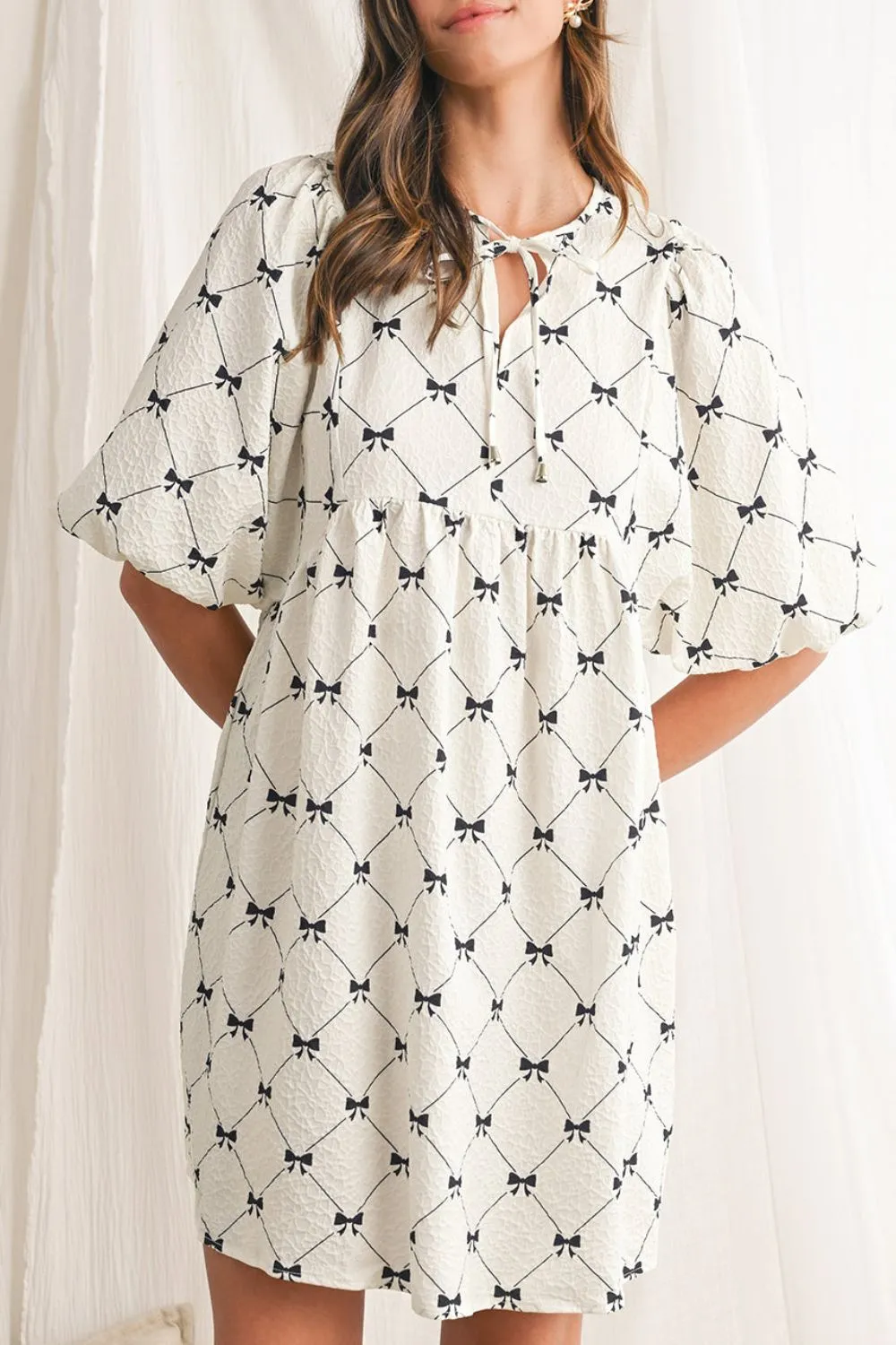Bow Print Tie Neck Half Sleeve Dress, image 9