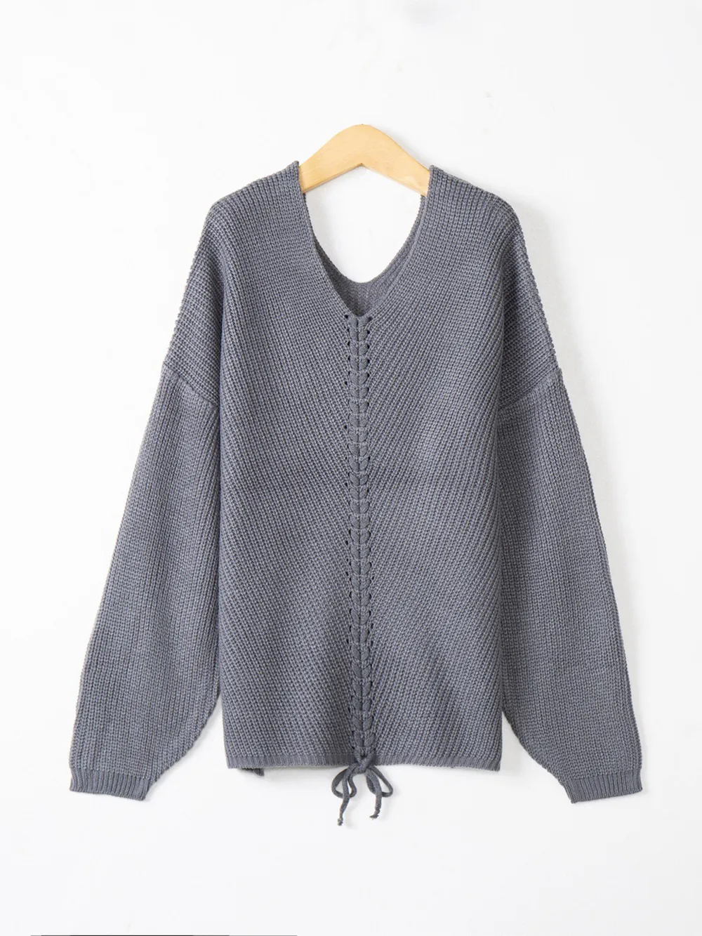 Full Size Lace Up V-Neck Long Sleeve Sweater, image 4