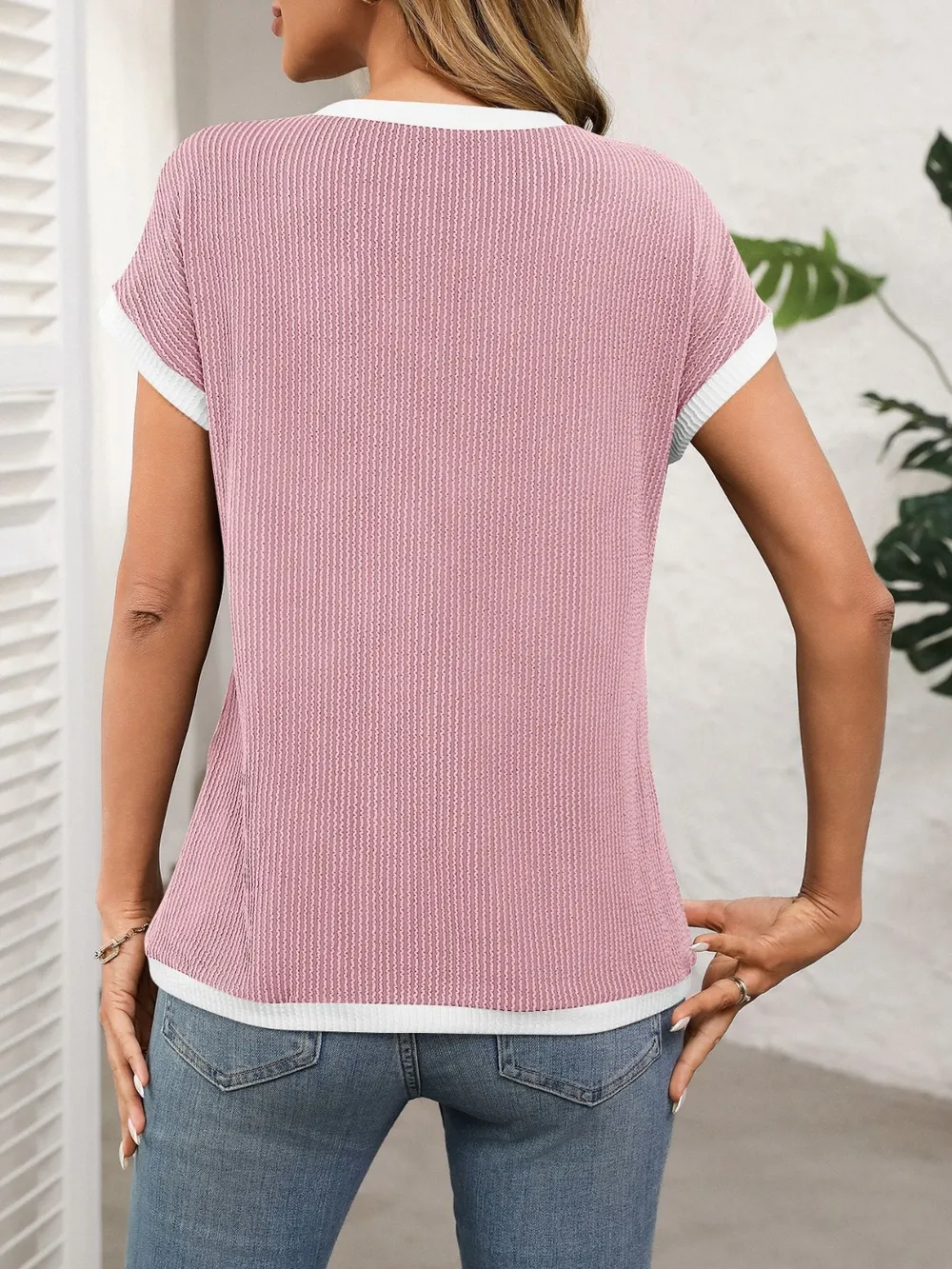Contrast Trim Round Neck Short Sleeve T-Shirt, image 11