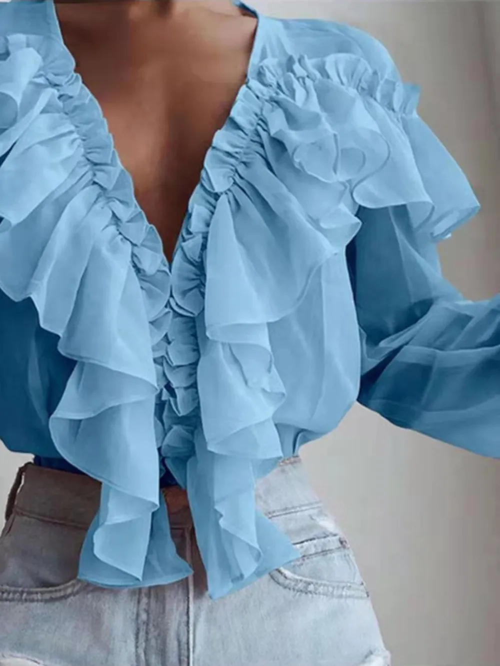 Ruffled V-Neck Long Sleeve Blouse, image 6