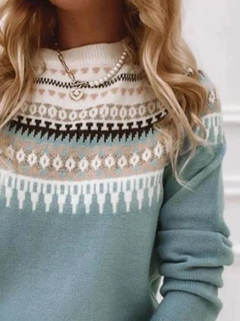 Full Size Vintage Patterned Round Neck Sweater Plus Size, image 3