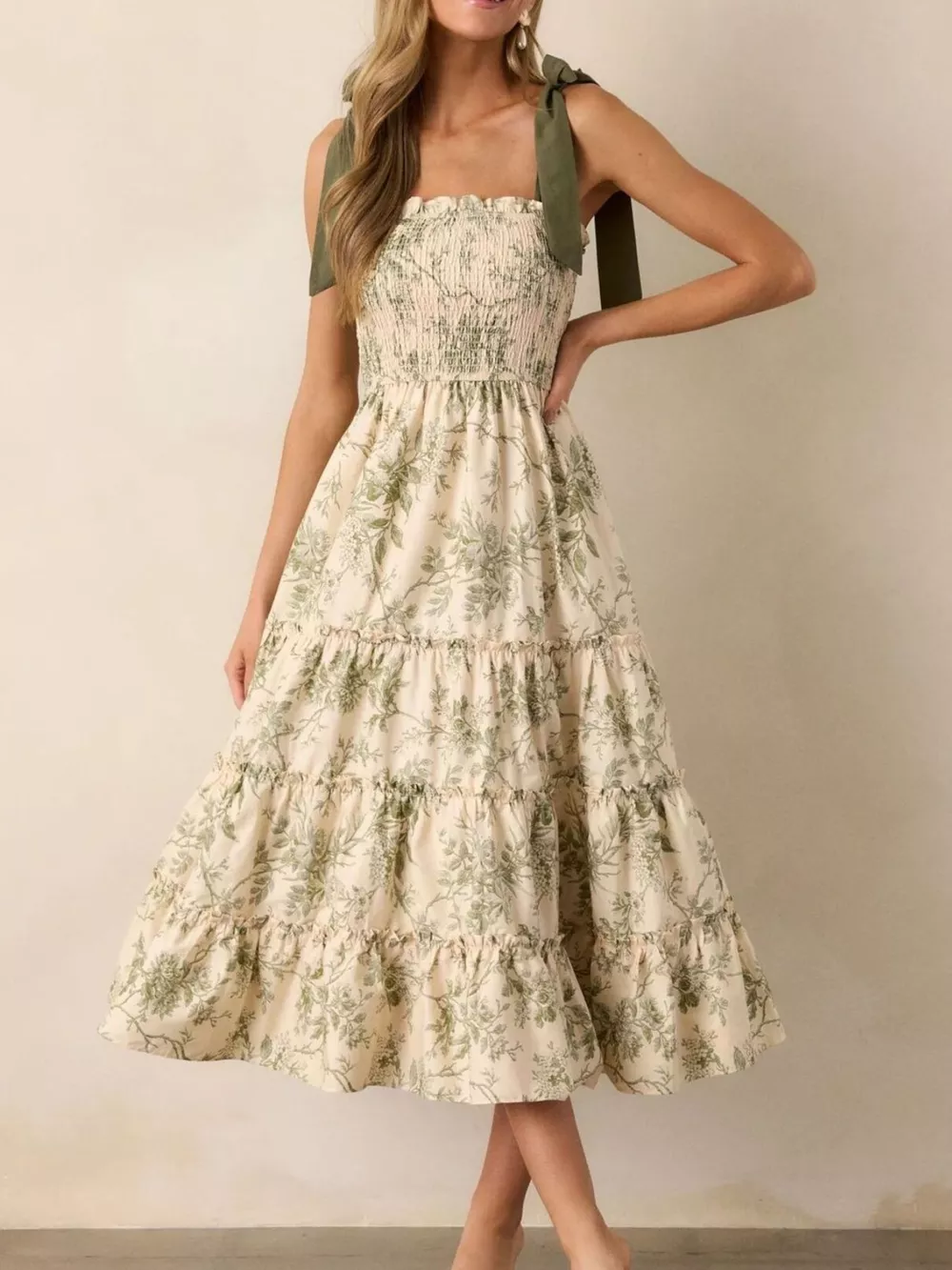 Floral Print Tiered Midi Dress with Tie Straps, image 3