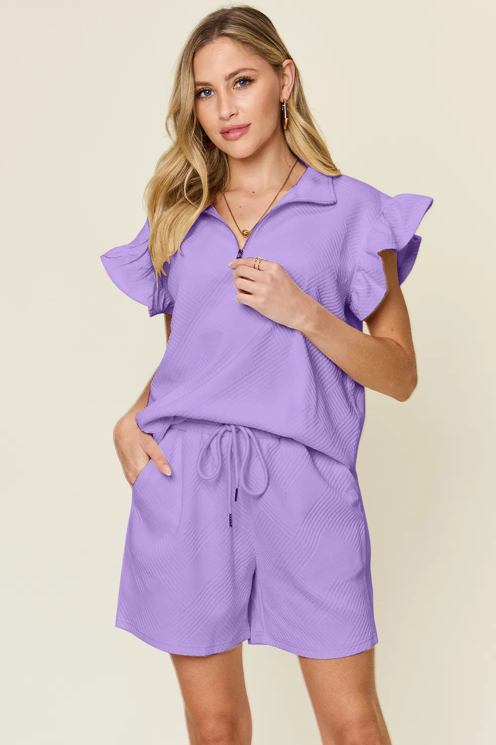 Full Size Texture Flounce Sleeve Top and Drawstring Shorts Set, image 29