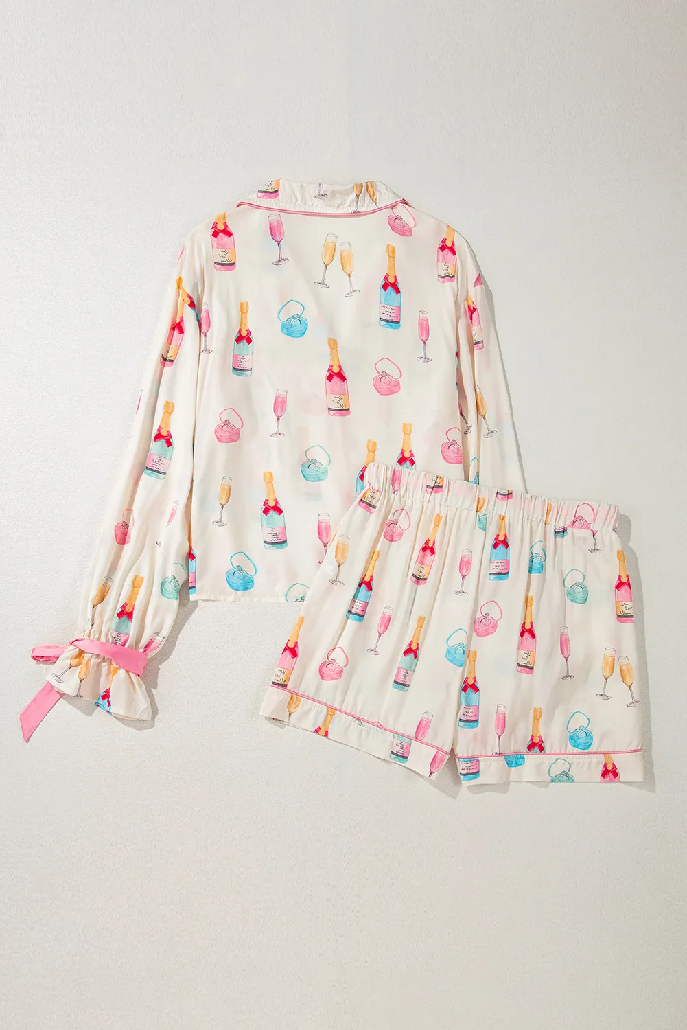 Bow Printed Collared Neck Top and Drawstring Shorts Lounge Set, image 7