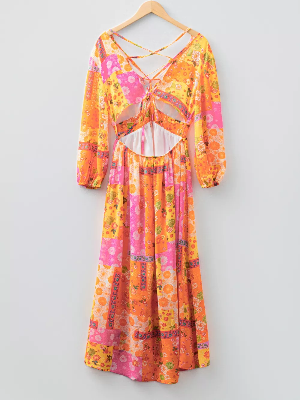 Vibrant Floral Long Sleeve Dress with Lace-Up Back, image 5