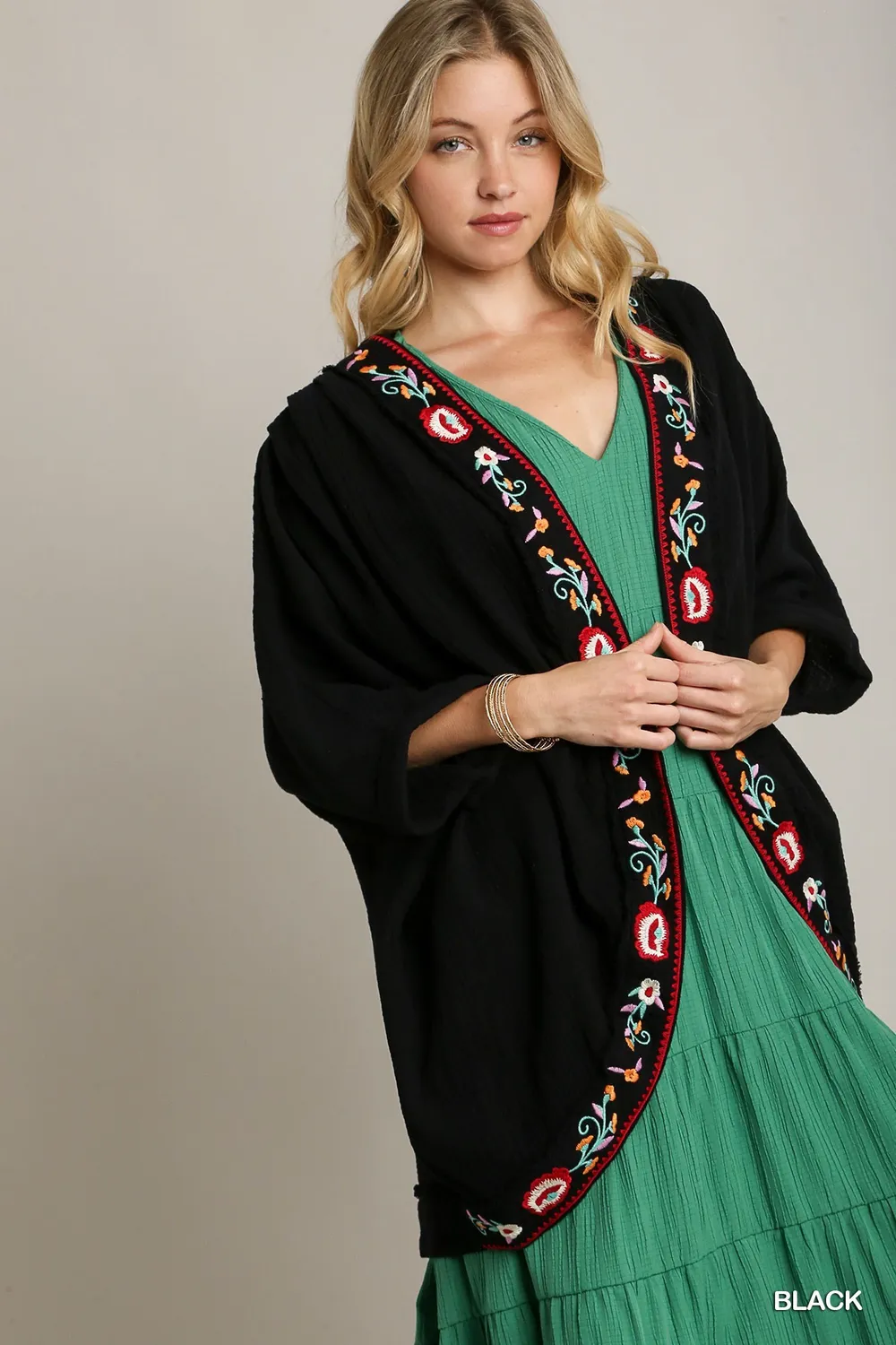 Embroidery Open Front Kimono with Pleated Shoulder Detail, image 3