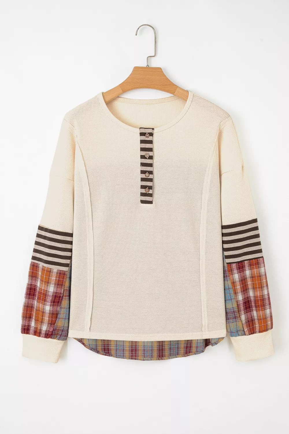 Waffle Knit Plaid Patchwork Long Sleeve Blouse, image 8