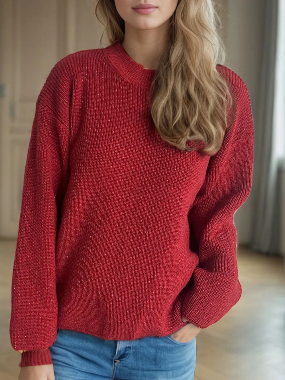 Solid Color Round Neck Long Sleeve Sweater, image 5