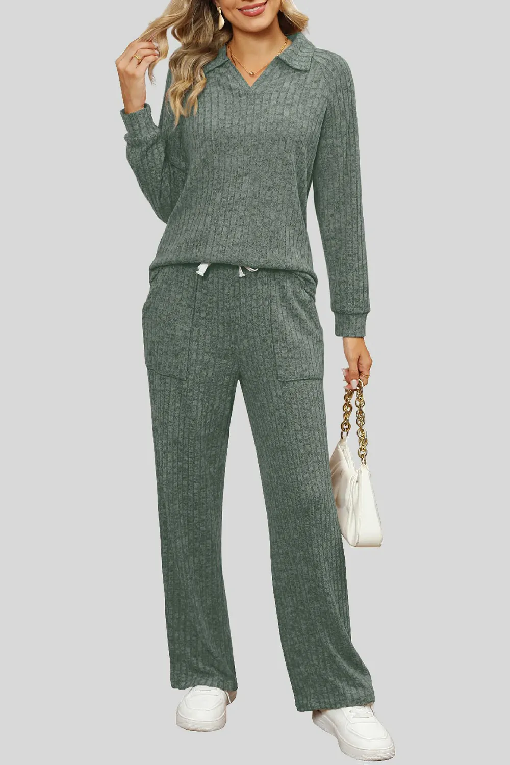 Ribbed Long Sleeve Top and Pocketed Pants Set, image 23