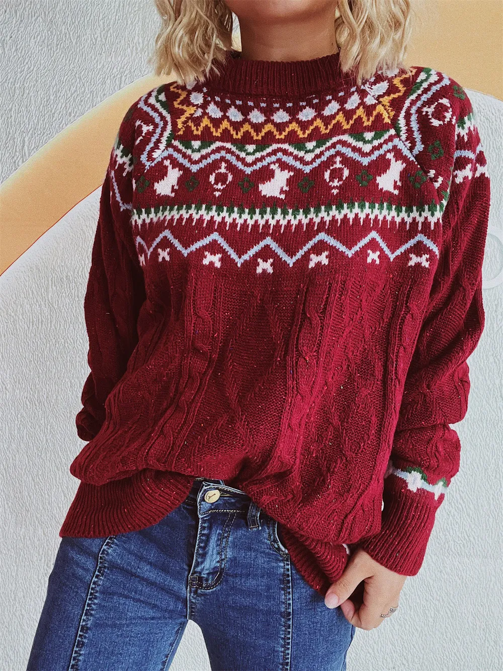 Cable-Knit Mock Neck Long Sleeve Sweater, image 2