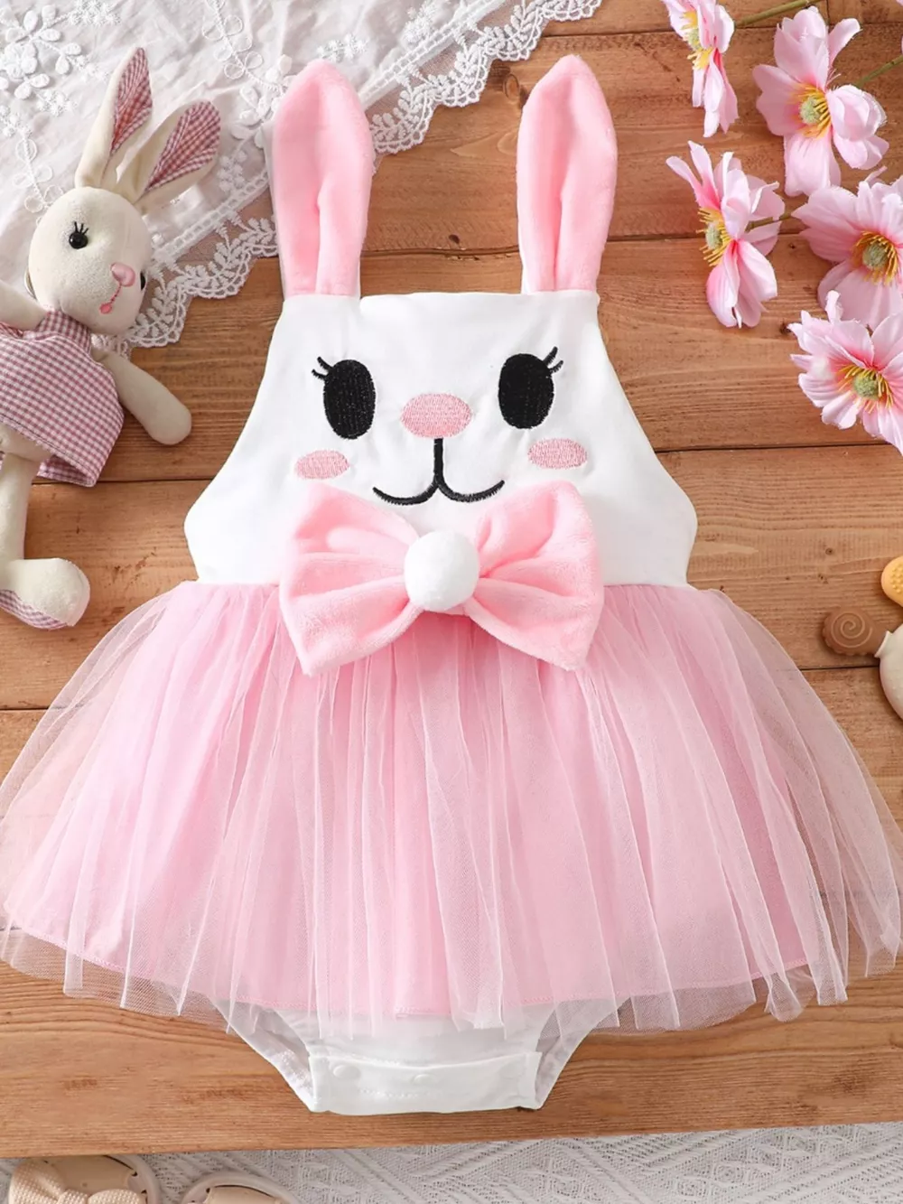Children's Bunny Embroidered Bow Decor Mesh One-Piece