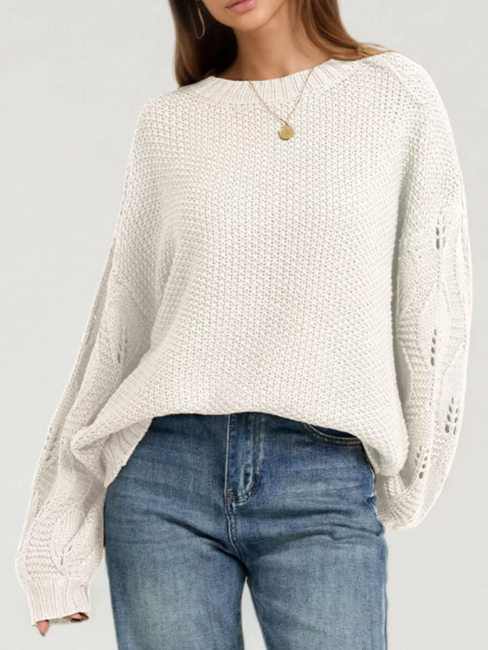 Textured Knit Openwork Dropped Shoulder Sweater, image 9