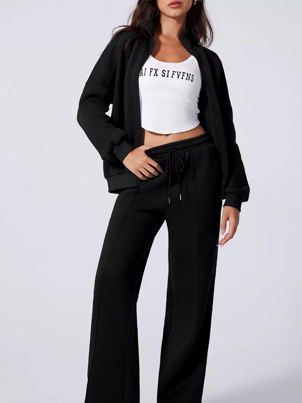 Drop Shoulder Zip Up Jacket and Drawstring Pants Active 2pcs Set