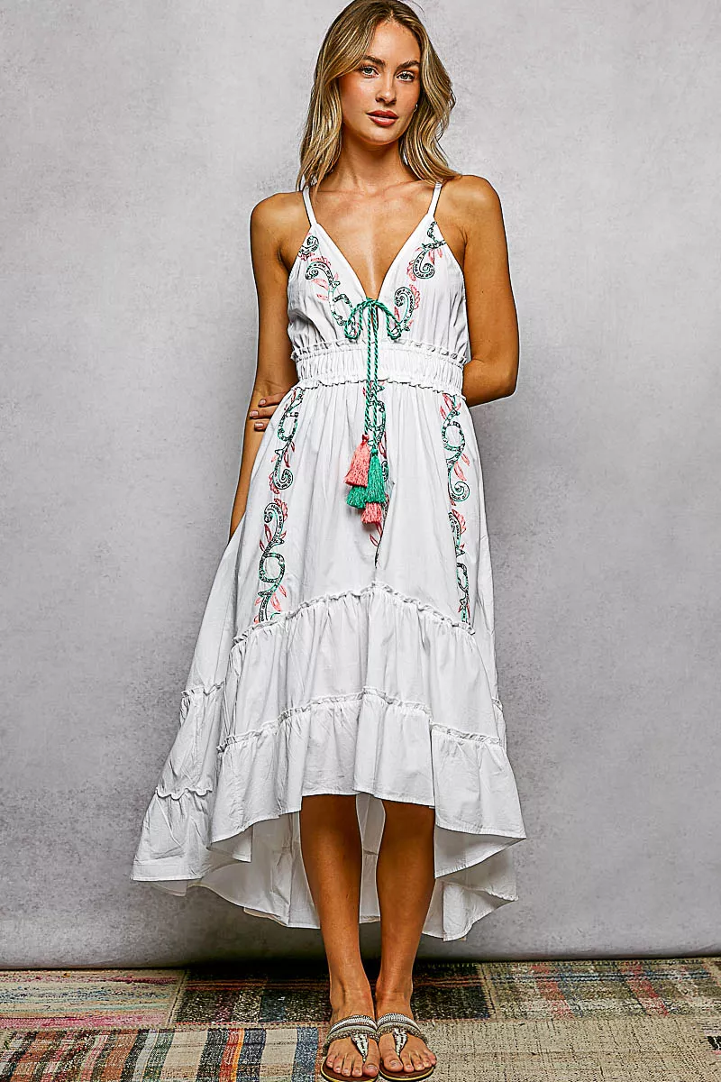 Embroidered Detail Tassel Tie Smocked Waist Midi Tiered Cami Dress, image 2