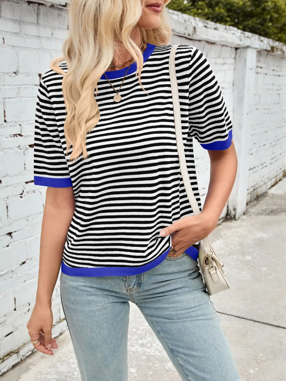 Striped Contrast Round Neck Half Sleeve Knit Top, image 17