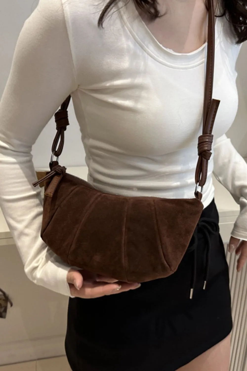 Suede Croissant Shape Shoulder Bag, image 5