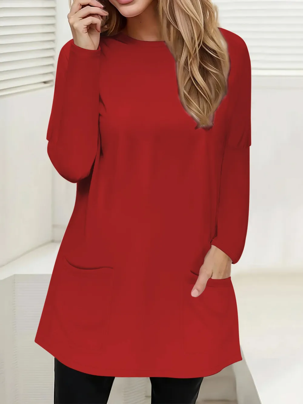 Full Size Pocketed Round Neck Long Sleeve T-Shirt, image 28