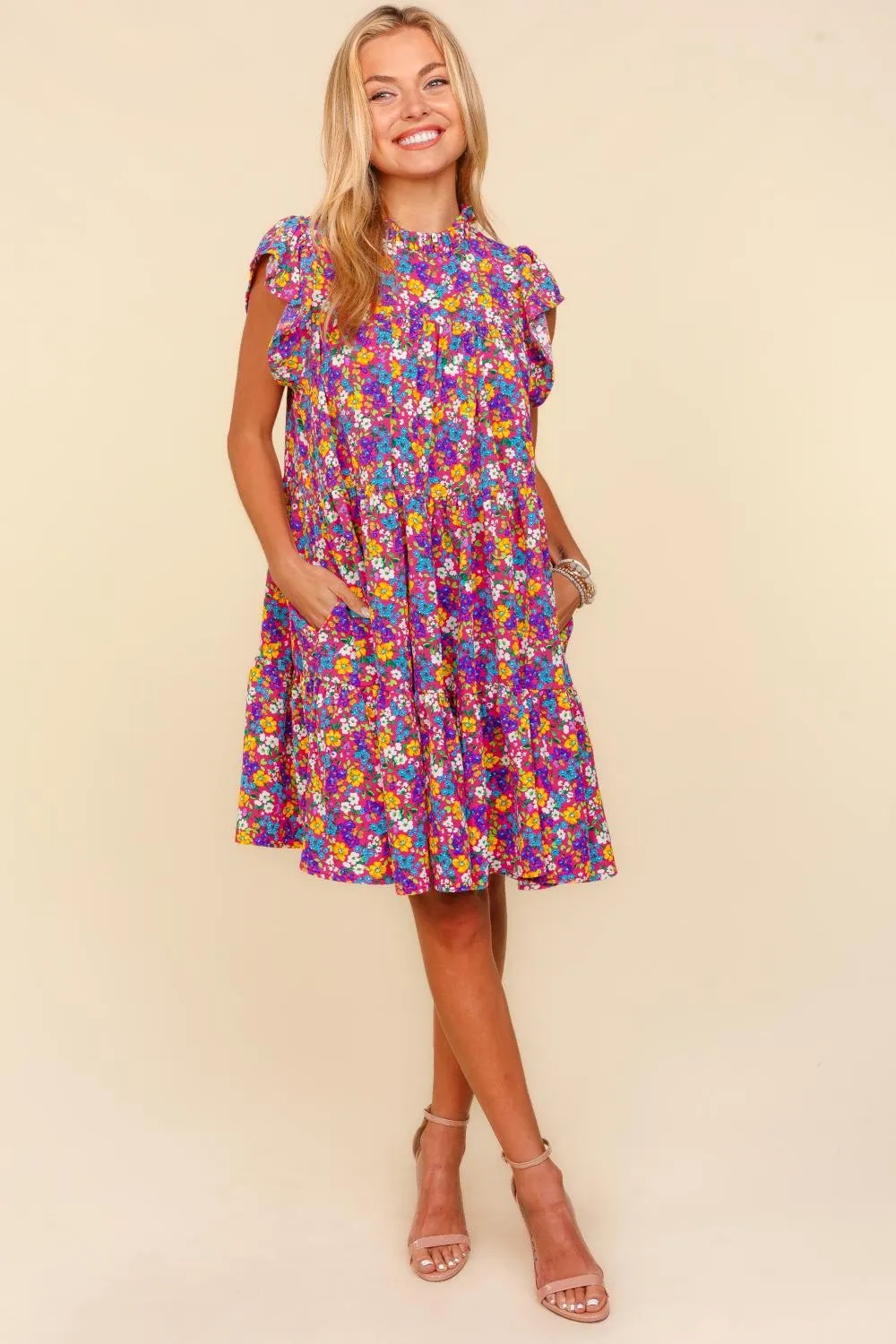 Frilled Mock Neck Ditsy Floral Dress, image 4