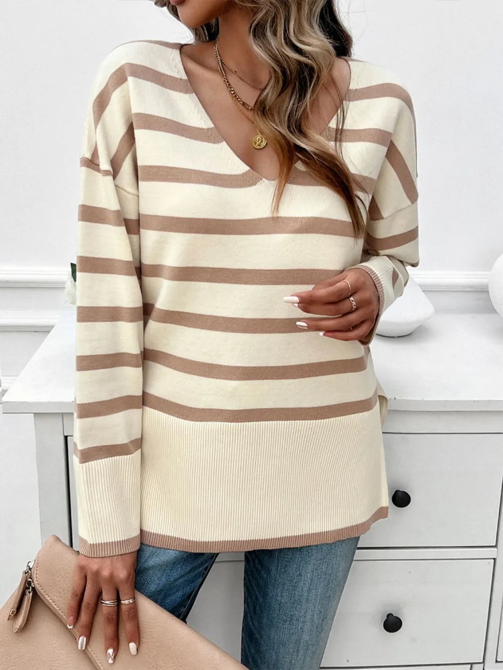 Striped V-Neck Long Sleeve Knit Top, image 9