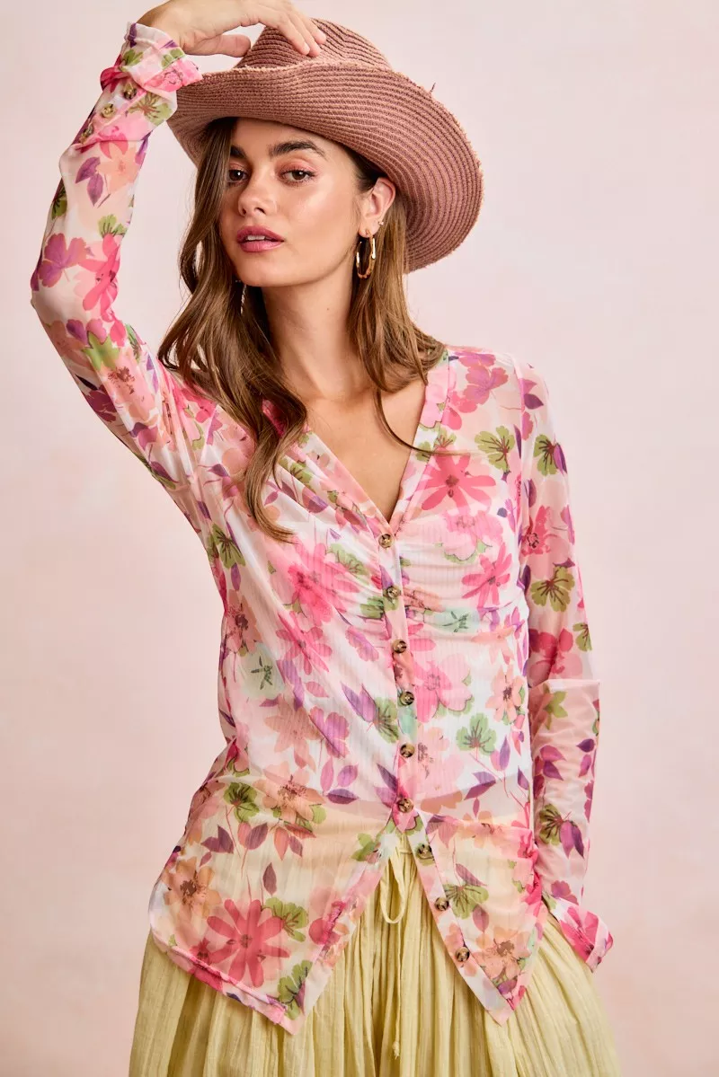 BiBi Floral Shrried Detail Button Up Mesh Cardigan Top, image 14