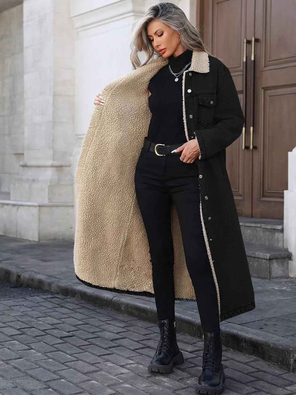 Sherpa Lined Longline Denim Jacket, image 20
