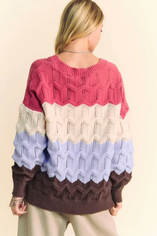 Wavy Texture Color Block V-Neck Sweater, image 2