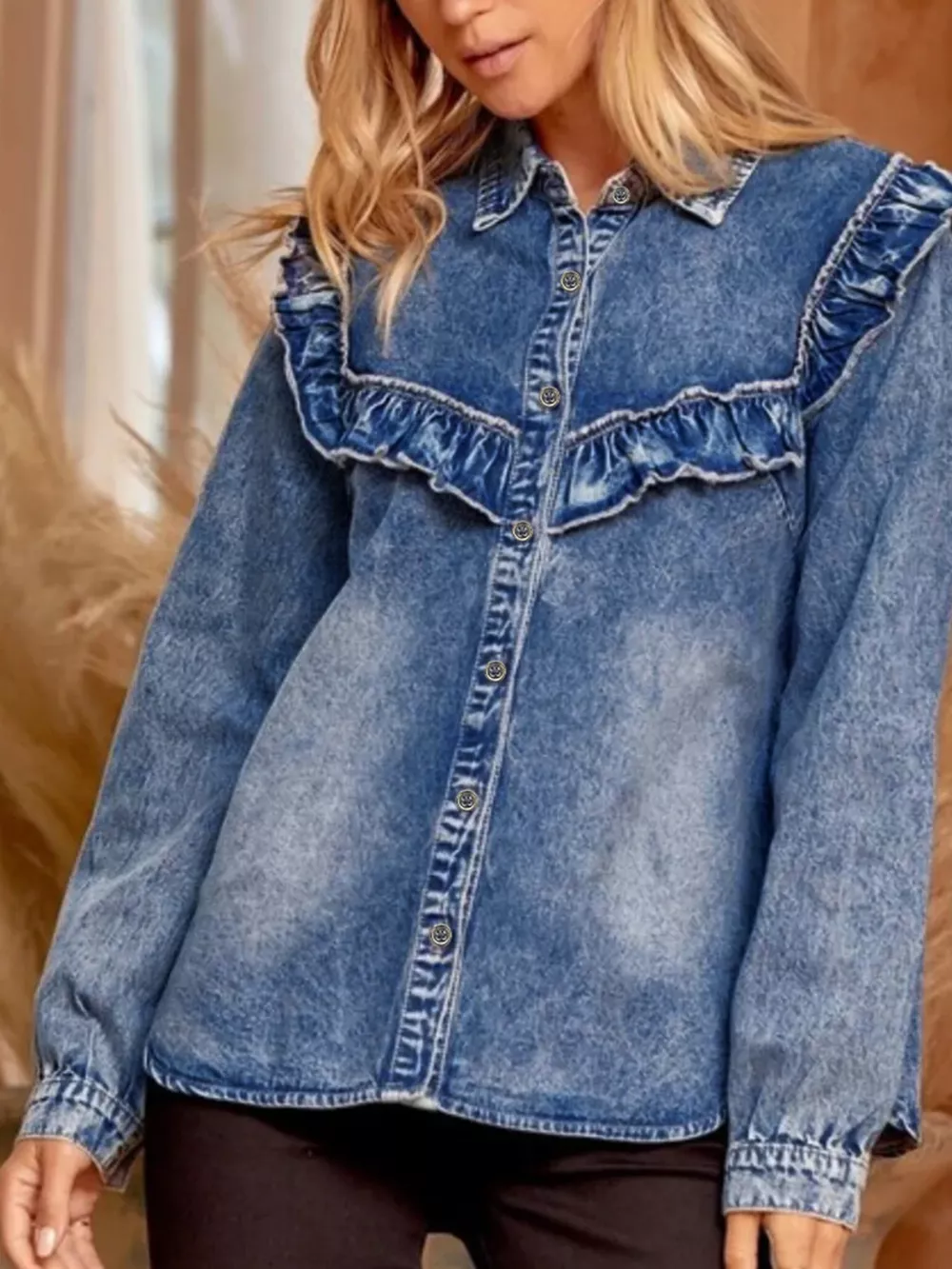 intage Wash Denim Ruffle Detail Button Down Shirt, image 7