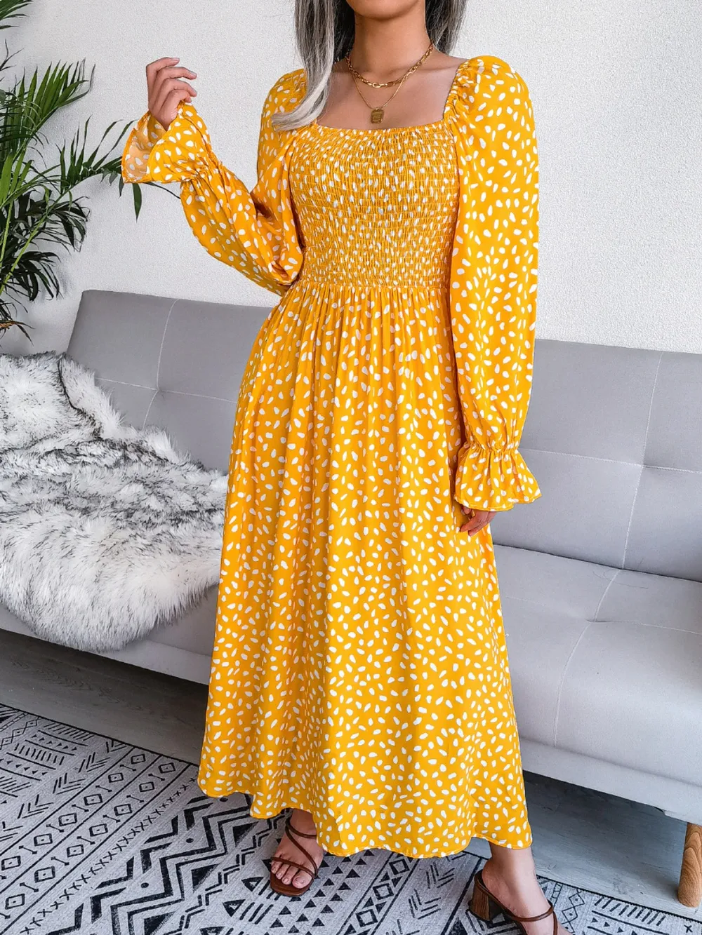 Smocked Square Neck Flounce Sleeve Dress, image 2