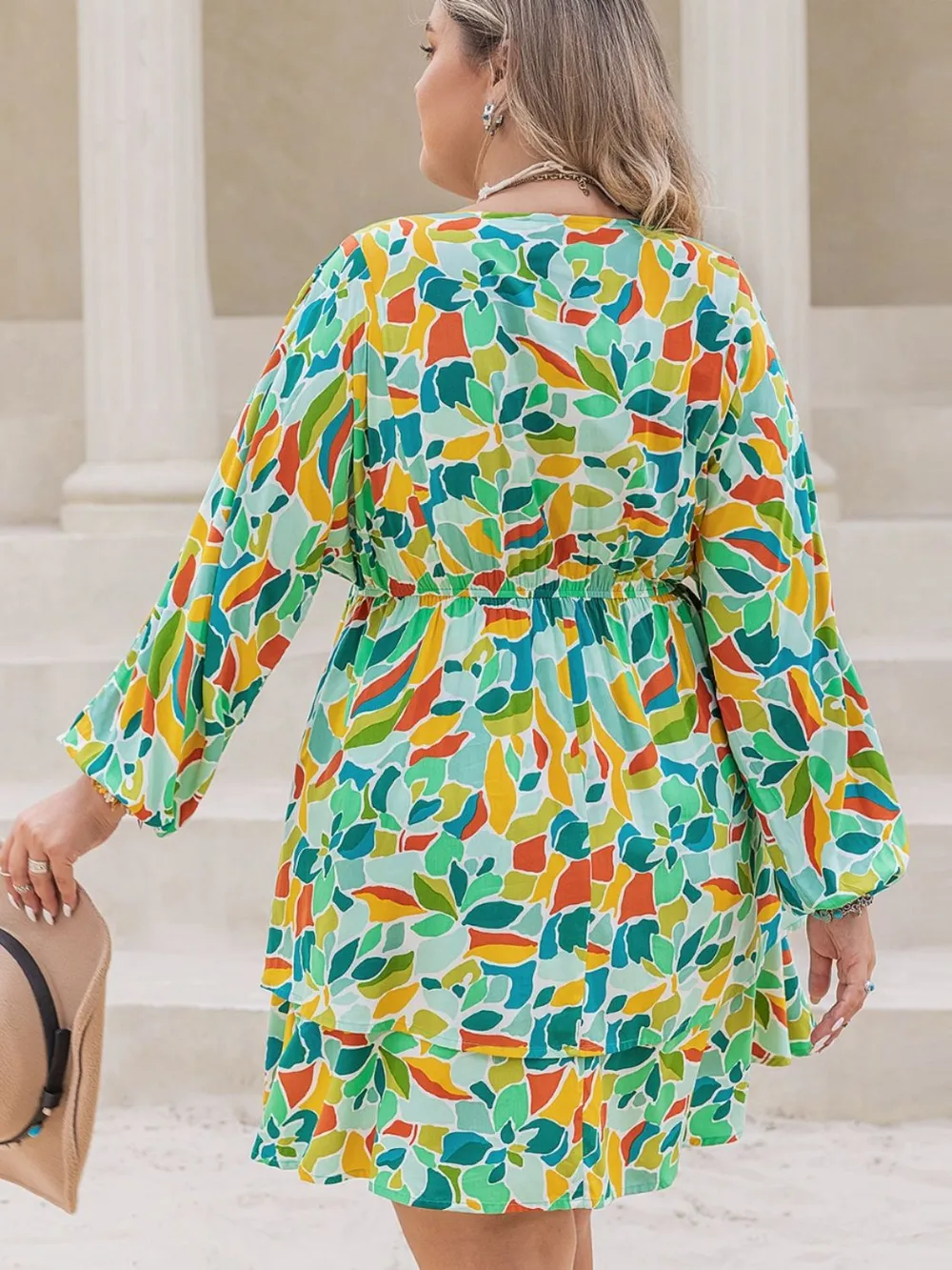 Plus Size Printed Surplice Long Sleeve Mini Dress, image 2