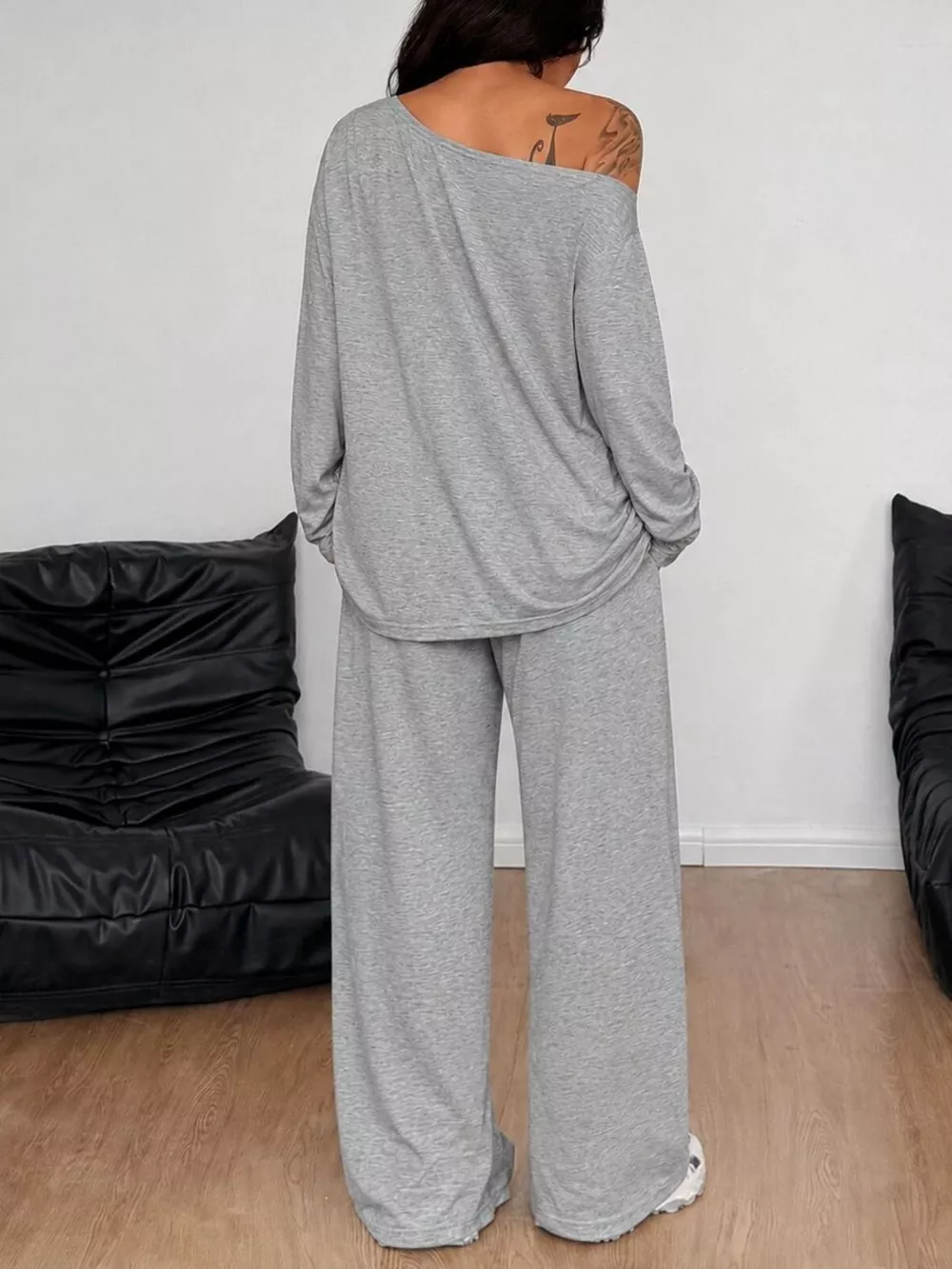 Boat Neck Long Sleeve Top and Wide-Leg Pants Set, image 3