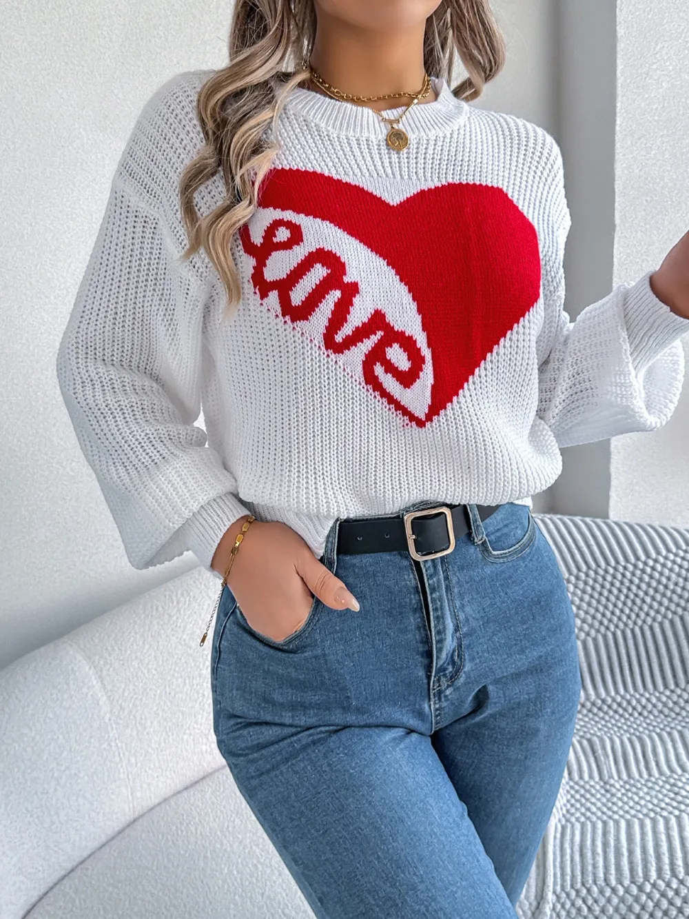 LOVE Heart Round Neck Dropped Shoulder Sweater, image 11