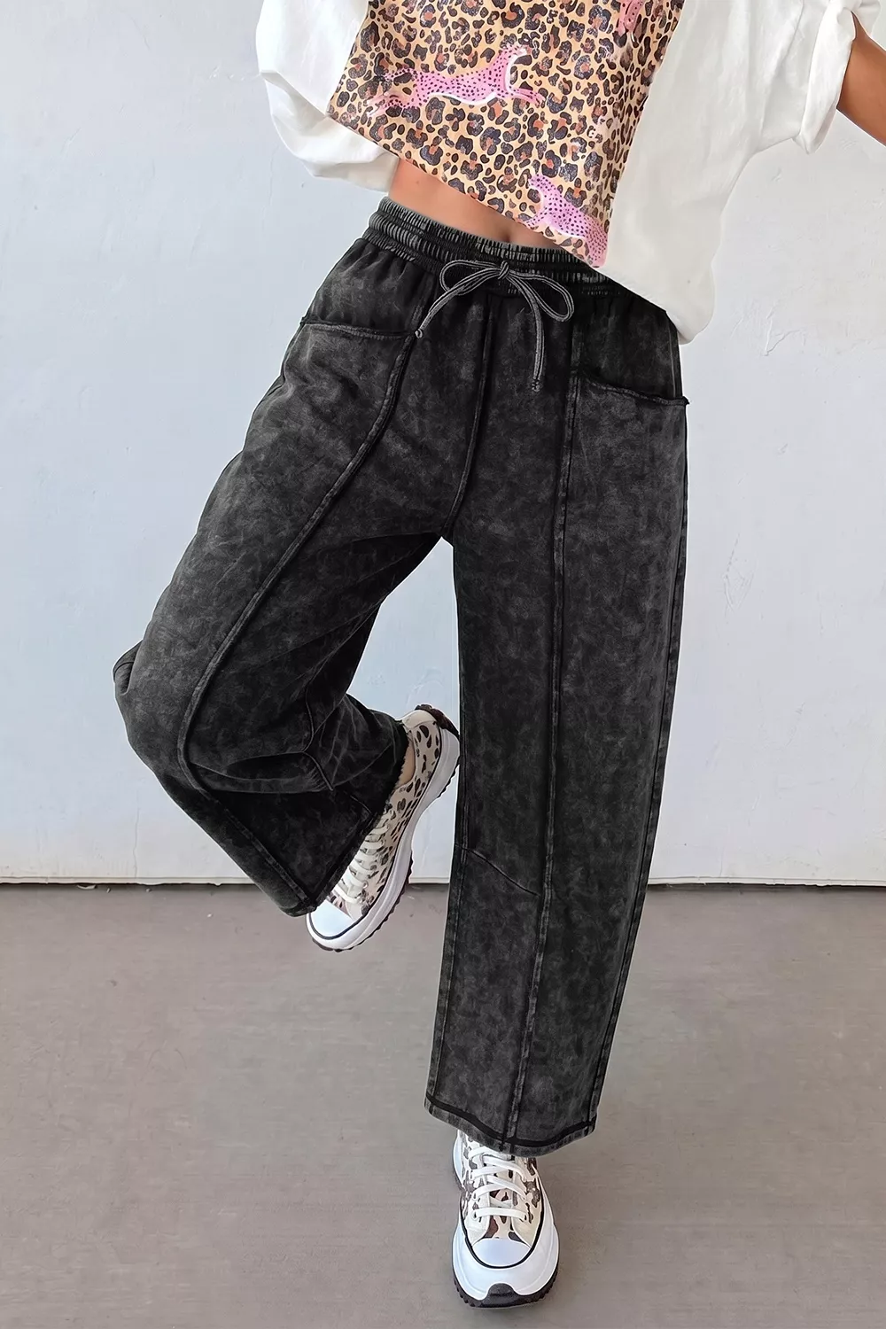 Mineral Wash Raw Seam Drawstring Elastic Waist Barrel Pants, image 3