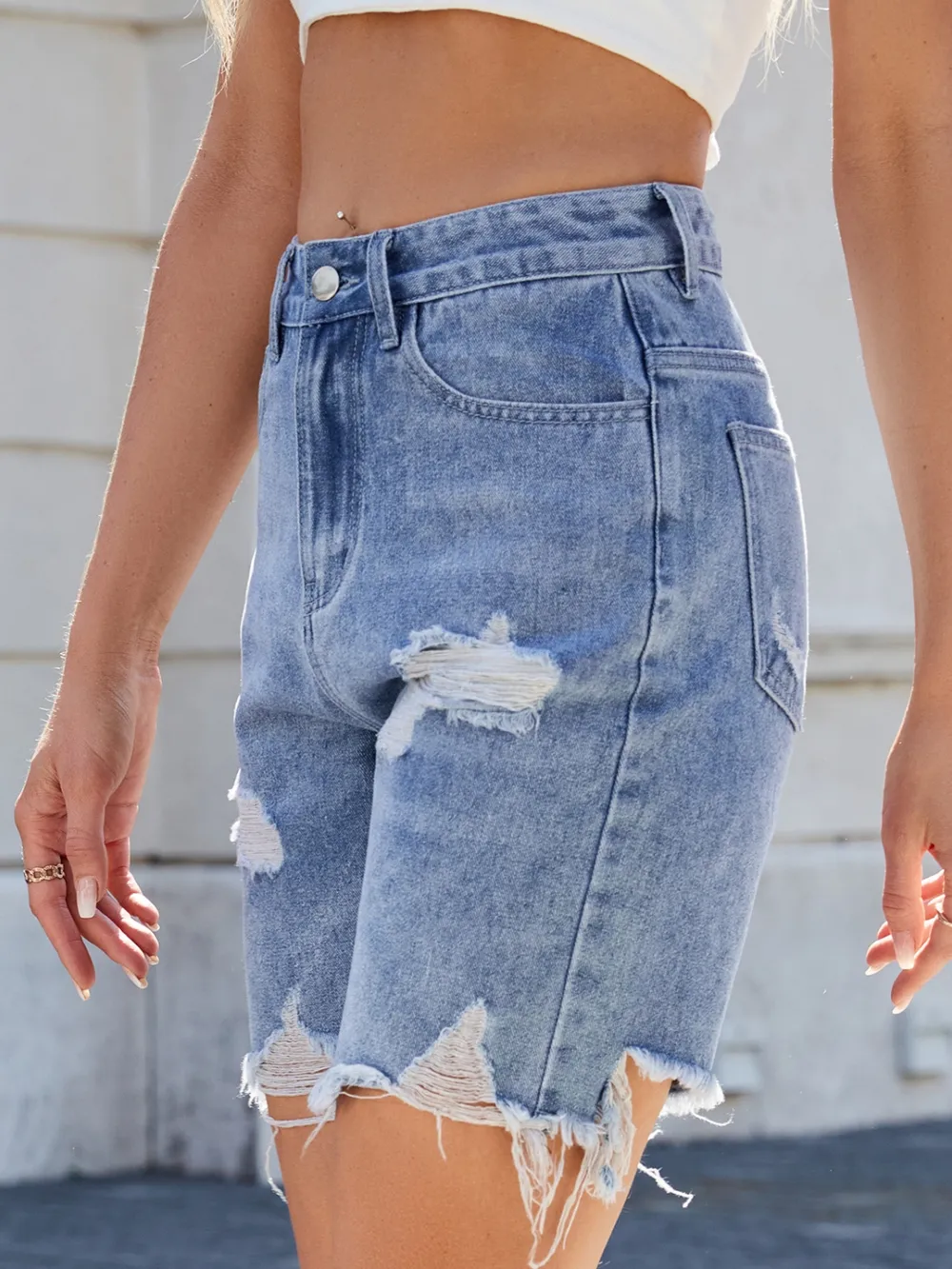 Distressed Raw Hem Denim Shorts, image 10