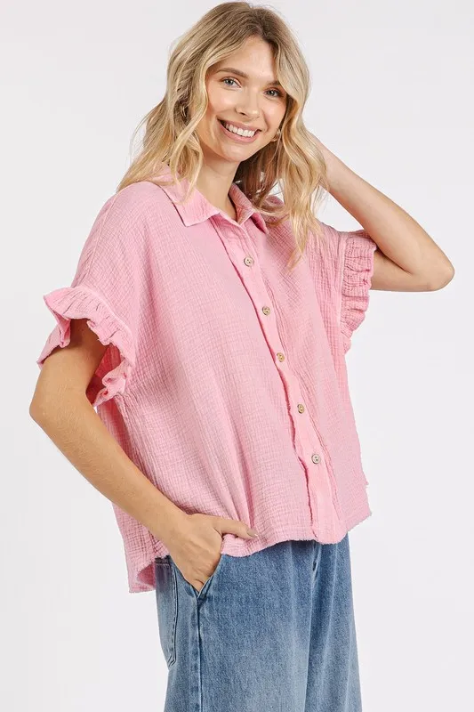 Mineral Washed Button Down Flounce Sleeve Shirt, image 3