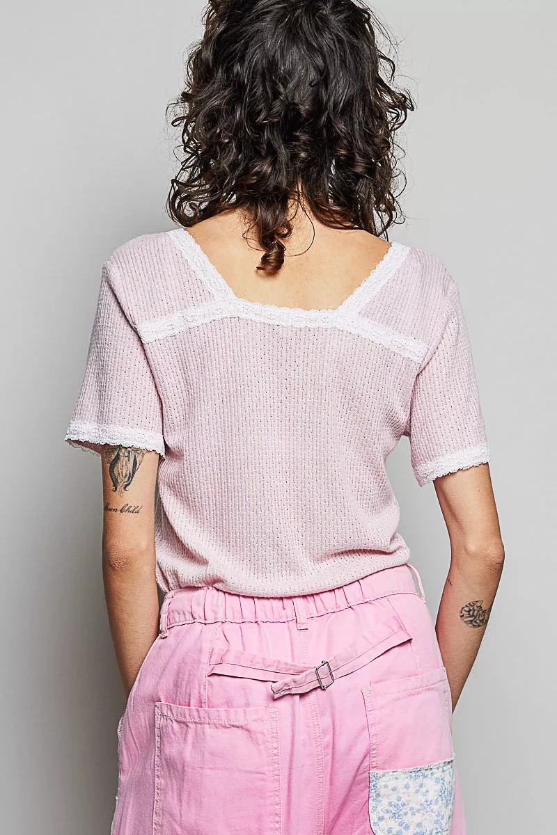 Lace Detail V-Neck Short Sleeve Textured T-Shirt, image 5