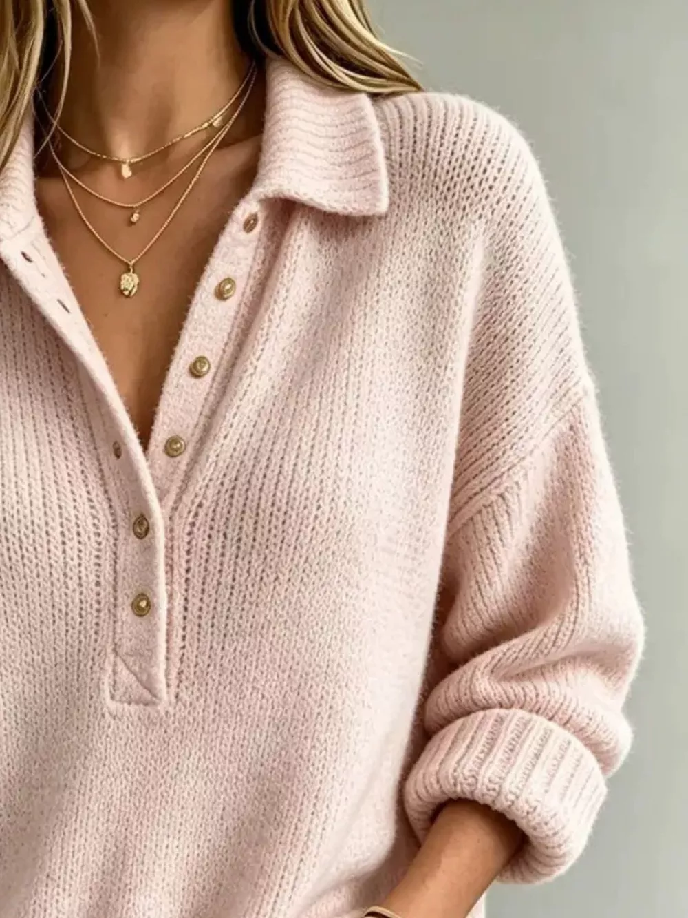 Full Size Button Detail Dropped Shoulder Sweater Plus Size, image 6